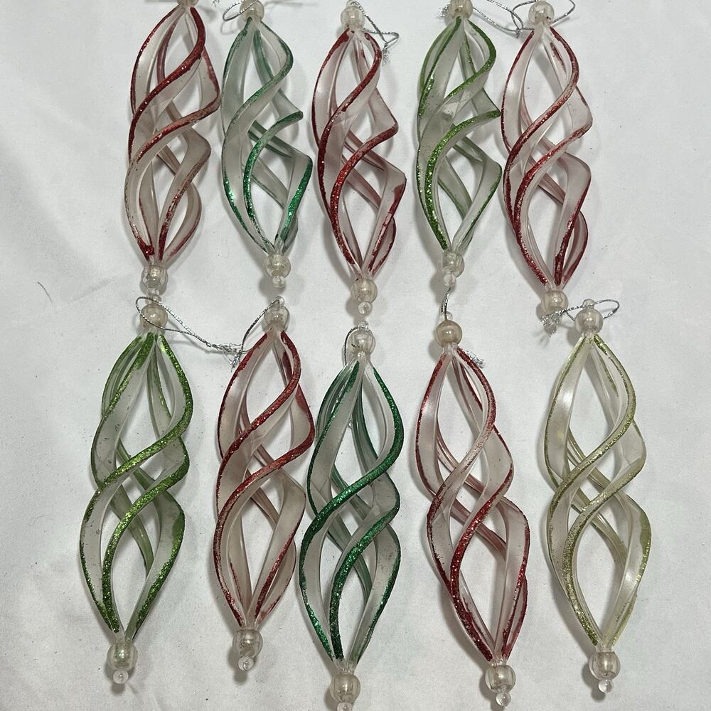 10 Vintage Clear Plastic Spiral Twisted Icicle Ornaments 7” Glitter Red Green